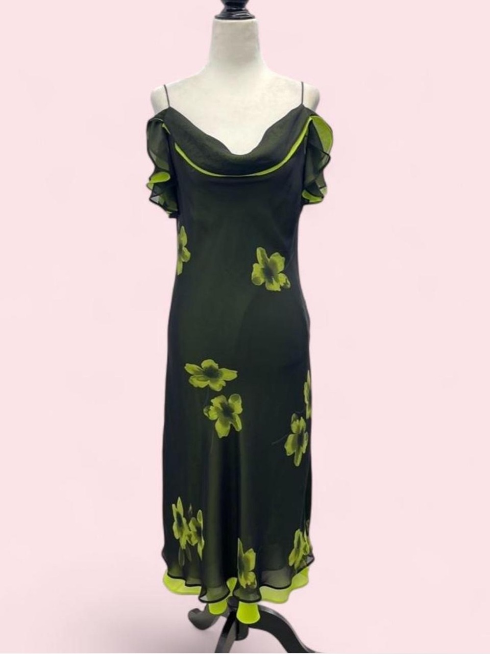 Vintage Gilani Black & Lime Green Floral Off Shoulder Midi Dress Fairycore